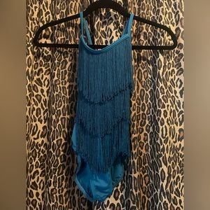 Turquoise MC Weissman fringe leotard and sequin booty shorts